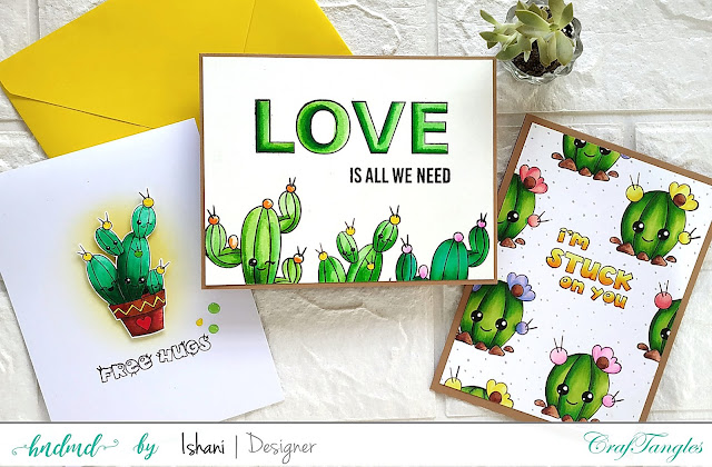 Cactus card, Craftangles stuck on you, Craftangles stamps, water colouring, Copic markers, Polychromos, Cute cards, Repetitive stamping, off the edge stamping, CAS card, Quillish