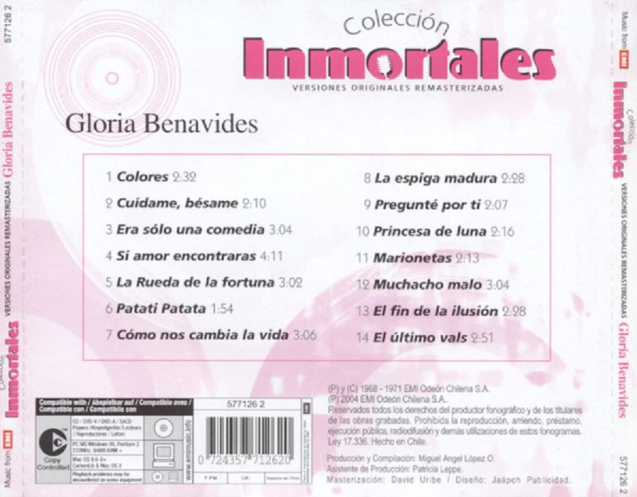 Cd  Gloria Benvides-Colección inmortales Trasera