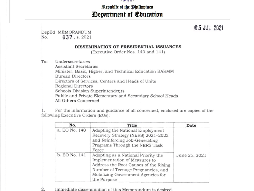 DM No. 037 s, 2021 DISSEMINATION OF PRESIDENTIAL ISSUANCES (Executive
