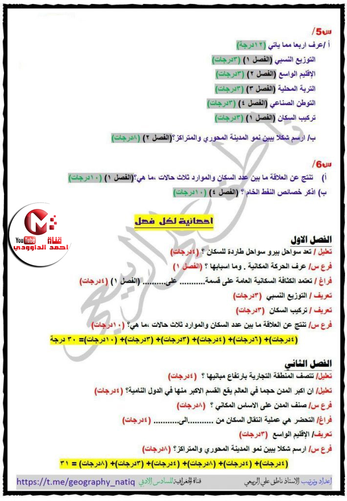 اسئلة الجغرافيه للسادس الادبي مع الاجوبه النموذجيه للامتحانات التمهيديه للعام 2019 2020