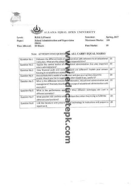 AIOU Past Papers B.Ed Code 8616 Year 2017