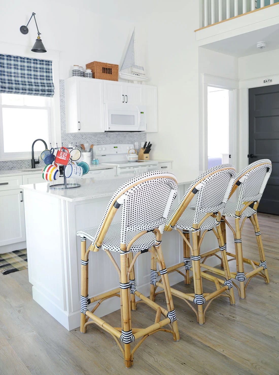  cottage kitchen with island, serena & lily riviera counter stools, modern country decor, cottage decor