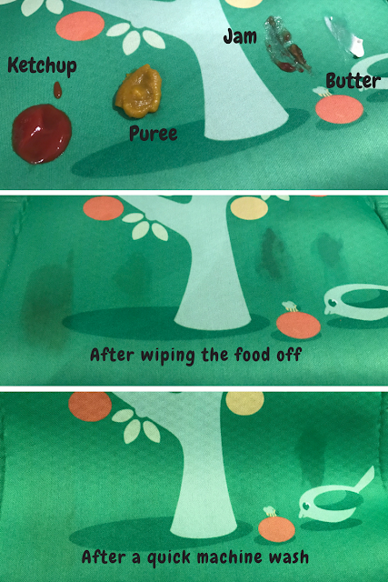 3 images showing the placemat with ketchup, puree, jam and butter on, then them wiped off and then after a machine wash (only a mark is visible where the butter was).