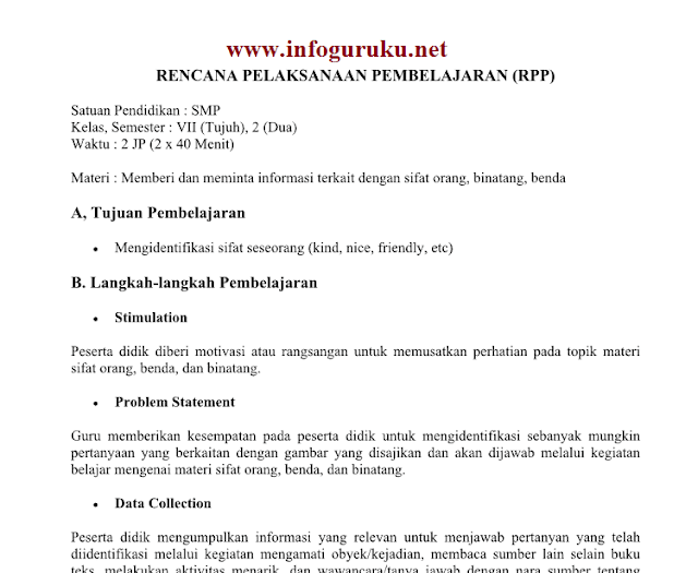 Download Rpp Bahasa Inggris 1 Satu Lembar Smp Tahun 2020 Infoguruku