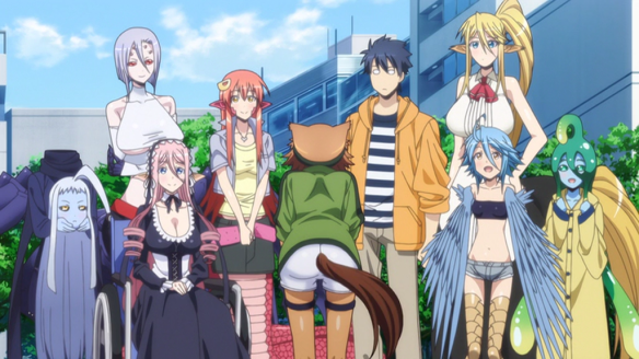 A harem of sexy monster anime girls with one showing her buttocks with tail  and a lucky guy
