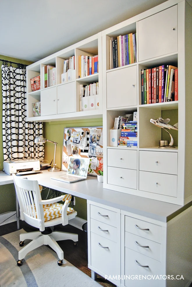 IKEA l shaped desk, ikea home office, office for two, ikea office hack, ikea expedit on walls