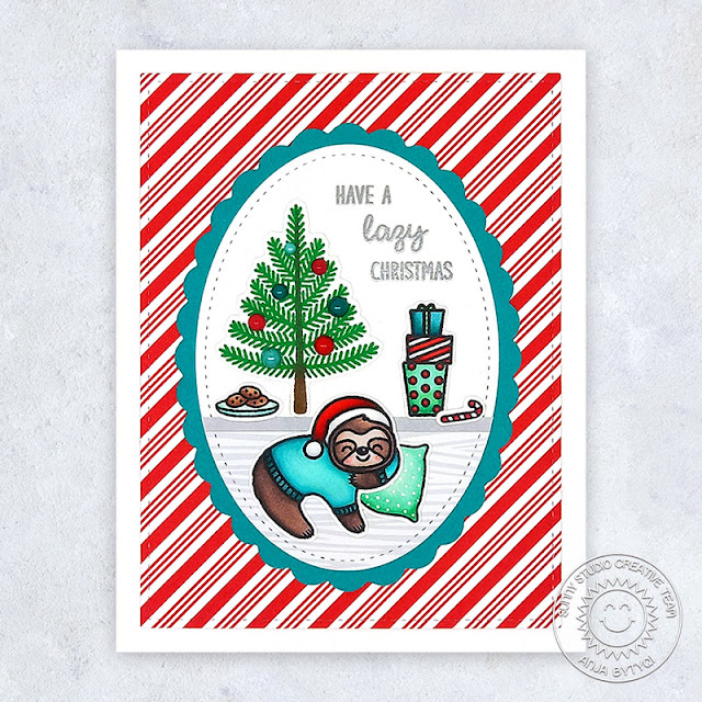 Sunny Studio Stamps: Stitched Oval Die Holiday Card by Anja Bytyqi (featuring Lazy Sloth, Santa Claus Lane, Oval Mat Dies)