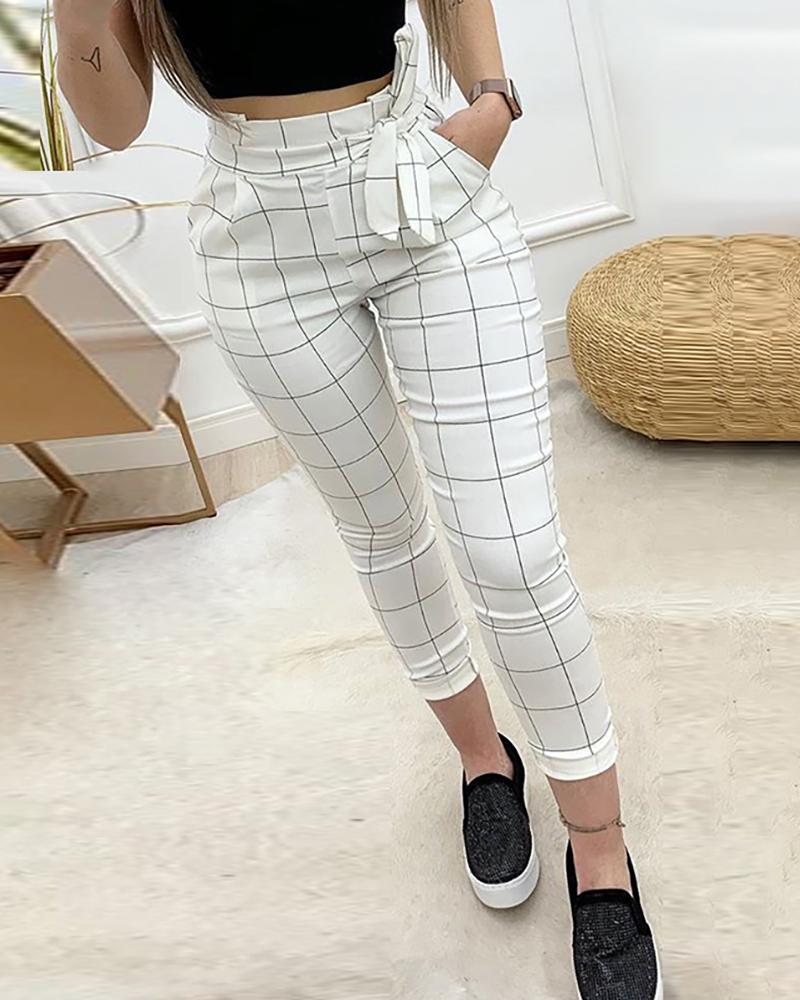 High Waist Grid Paperbag Waist Casual Pants