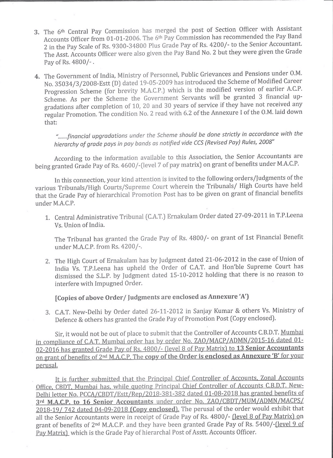 Grant of MACP on Hierarchy to the GP of Rs. 4800 and 5400 to all Sr AO ...