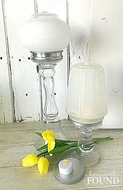 vintage glass light globes,candleholders,spring decor,spring decorating,vintage lighting,battery candles,vintage,up-cycling,re-purposing,lighting,thrifted,outdoors,salvaged,junk makeover,glass globes,DIY,diy decorating,decorating, flower vases,candles,salvaged materials, diy home decor