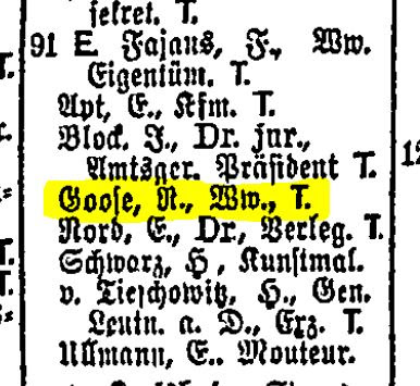 Berlin address book entry for Hohenzollerndamm 91, Schmargendorf, Berlin with entry for R. Goose, widow Berlin address book entry for Hohenzollerndamm 91, Schmargendorf, Berlin with entry for R. Goose, widow