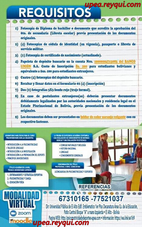 Psicomotricidad y Deportes  UPEA II/2020: Convocatoria a la Prueba de Suficiencia Académica (Modalidad Virtual)