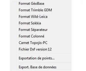 éditeur de GéoBases, menu, Cov. Calculs, barre de menu, Géobase, élémstation, référence, mesure, point, commentaire, code des points, topographiques, calculs topométriques