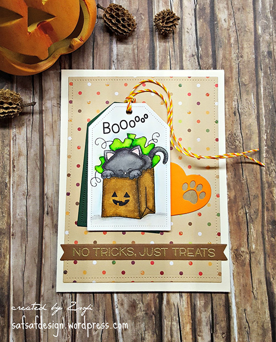 Inky Paws Challenge #36 Halloween | Trick or Treat Kitty card by Zsofi | Newton's Birthday Bash Stamp set by Newton's Nook Designs #newtonsnook