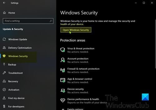 Apri Sicurezza di Windows tramite l'app Impostazioni