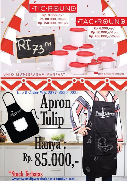 Harga Spesial Tulipware Juli 2018 :
~ Tic Tac Round
~ Apron Tulip Harga Spesial Tulipware Juli 2018, Tic Tac Round, Apron Tulip