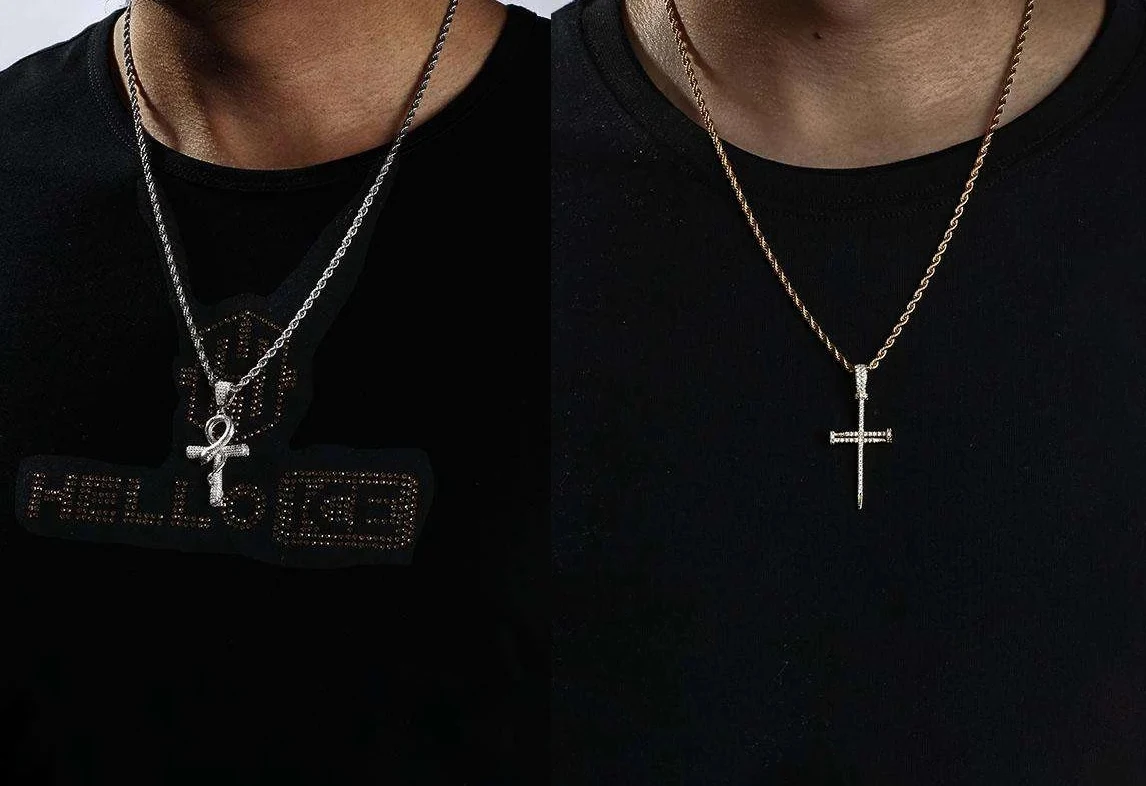 collage with three hiph hop pendants on mens' necks