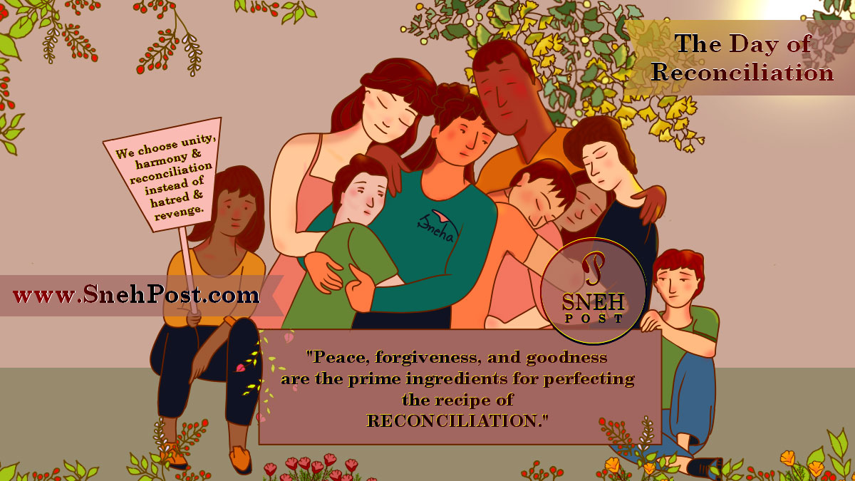 Day of Reconciliation drawing illustration depicting men, women, boys, girls of different color, race, caste, and culture living with love, peace, harmony while hugging each other and holding posters and boards to show concern!