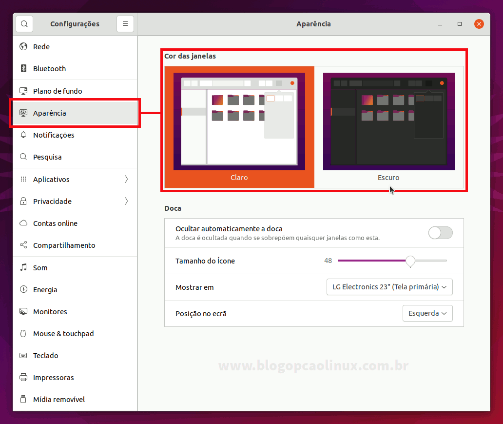 Alternando entre o tema claro e escuro no Ubuntu 21.10