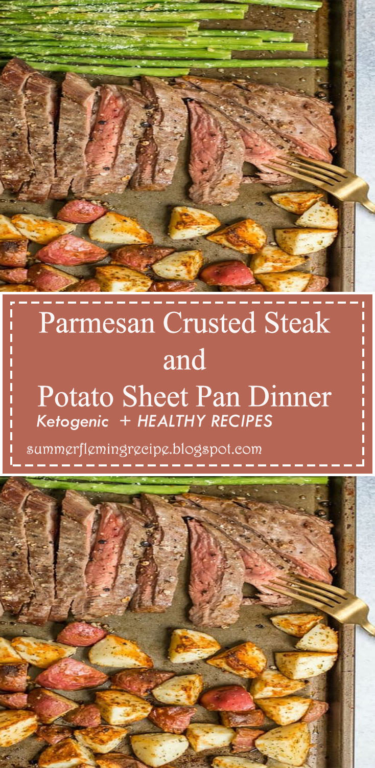 Dinner on one pan with this Parmesan Crusted Steak and Potato Sheet Pan Dinner means simple and delicious dinner without the extra dishes! Juicy flank steak and crispy potatoes served with asparagus. A full meal