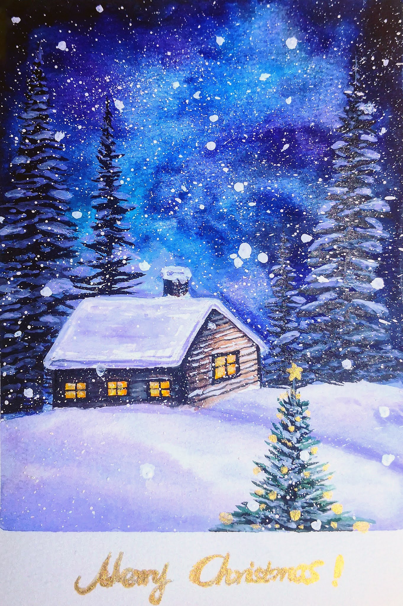 Watercolor Christmas snowing winter landscape tutorial step by step, come to see my online class