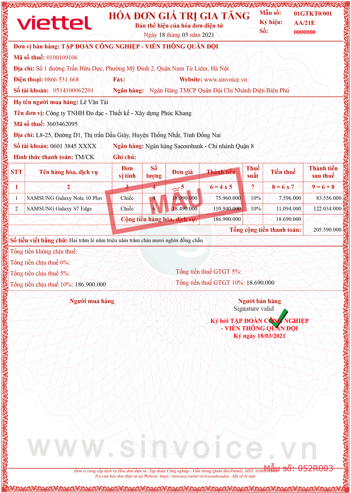 Mẫu hóa đơn điện tử số 052R003