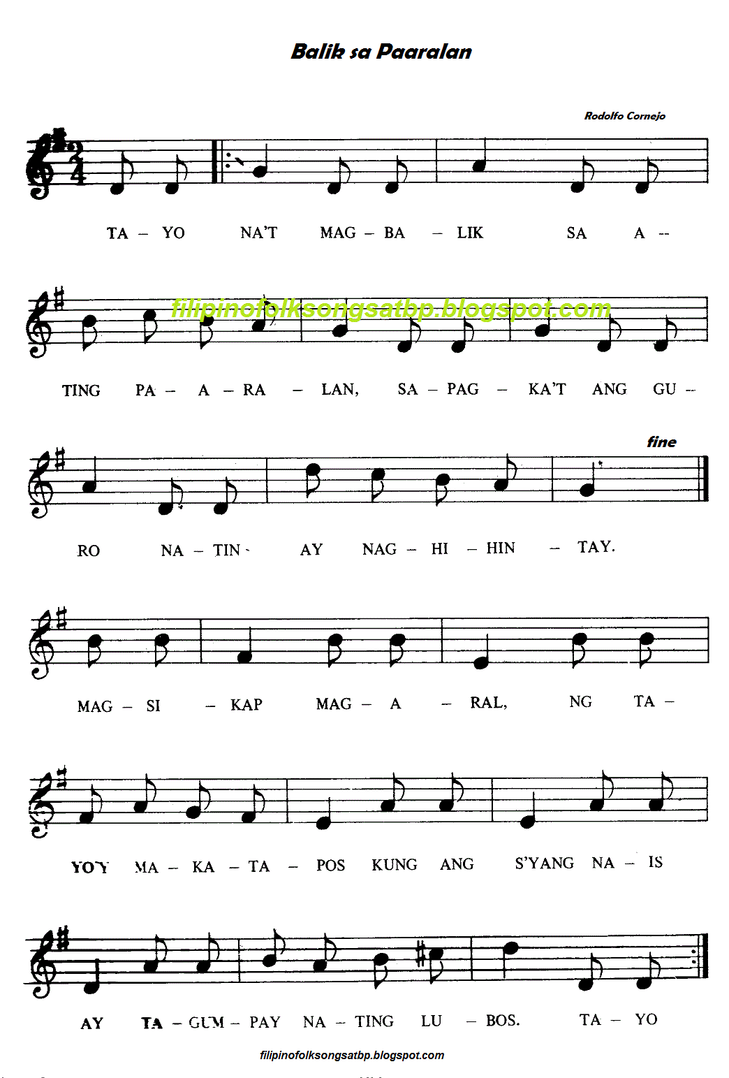Balik sa Paaralan Filipino Folk Song Music Notation and Lyrics