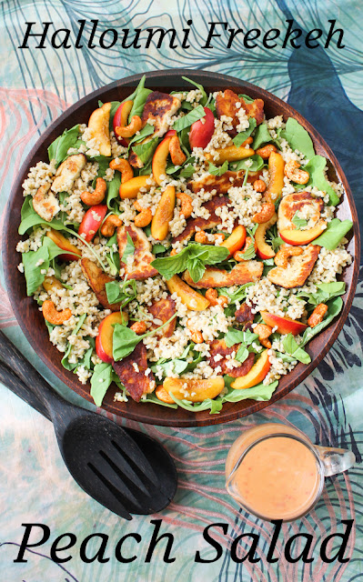 Food Lust People Love: This halloumi freekeh peach salad features pan-fried salty cheese, nutty freekeh and sweet peaches along with baby arugula and spicy cashews for a delightfully fresh and filling meal. Drizzle it with chili peach vinaigrette or your favorite dressing.