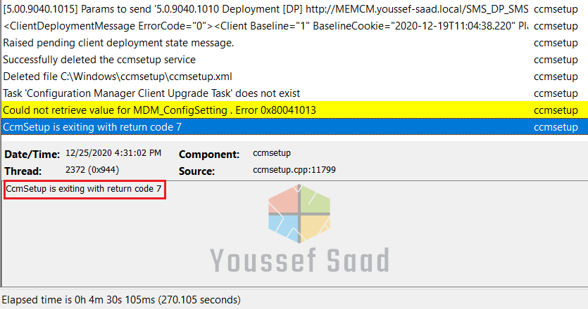 Problème d'installation du client SCCM - Ccmsetup return code 7 ~ Youssef Saad | SCCM, ConfigMgr