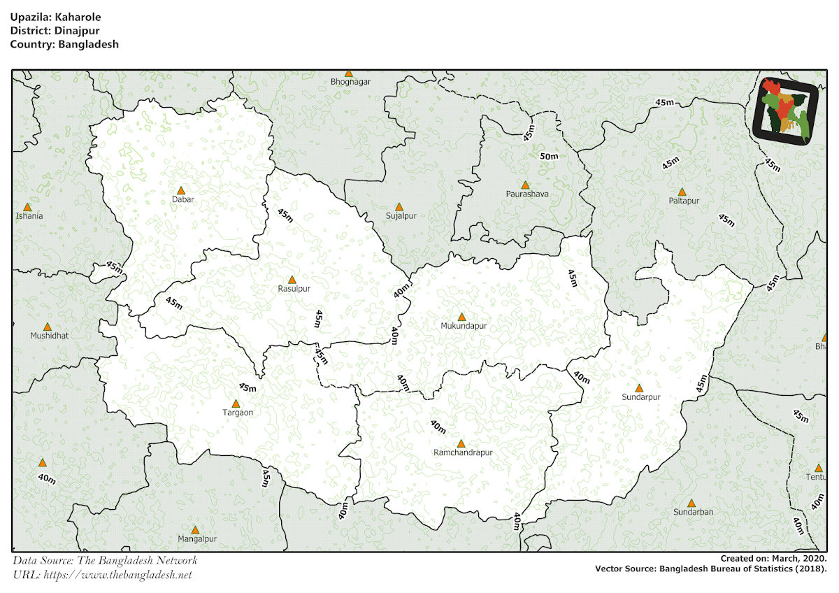 Kaharol Upazila Elevation Map Dinajpur District Bangladesh