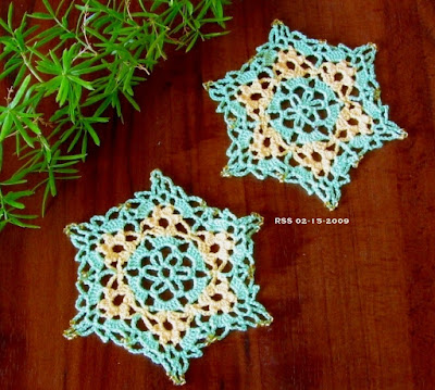  Beaded Small Doily or Coaster Set - Yellow Flowers in Green with Gold Beads - Handmade By RSS Designs In Fiber