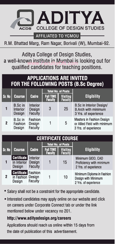 Aditya College Of Design Studies Mumbai Teaching Faculty Job