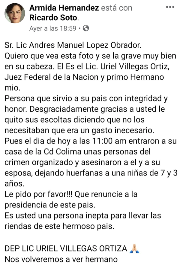 PRIMA HERMANA de JUEZ FEDERAL EJECUTADO ayer, le PIDE a AMLO que RENUNCIE a la PRESIDENCIA por INEPTO...y publica fotos personales del juez . Screen%2BShot%2B2020-06-17%2Bat%2B13.57.43