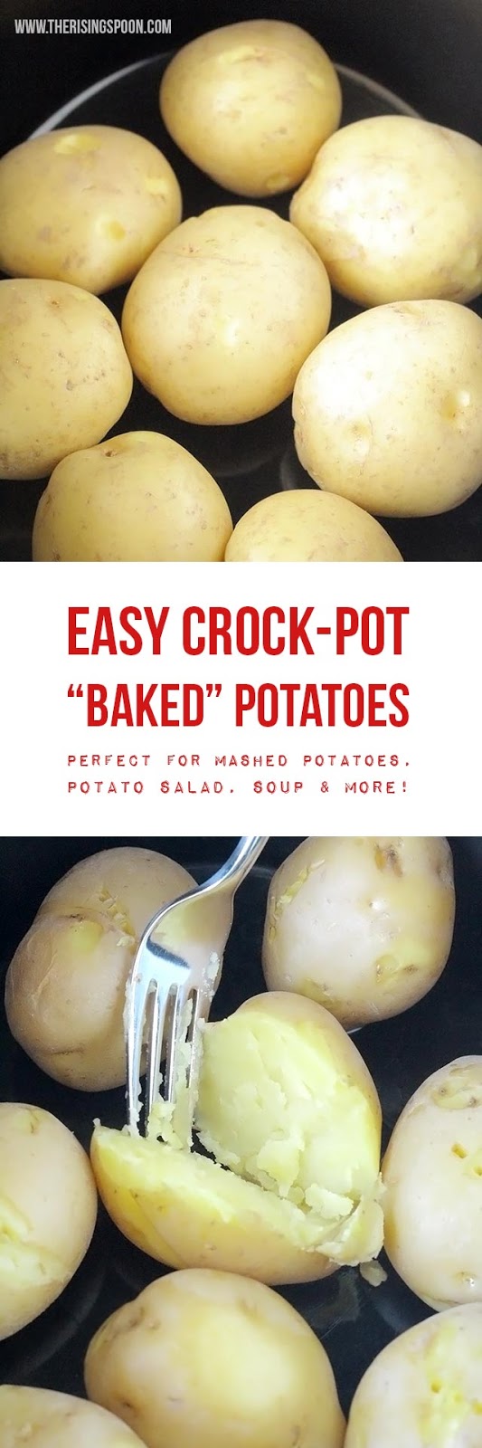 Learn this easy method for fixing "baked" potatoes in your slow cooker so you don't need to turn on the oven! Even better, use the leftovers for quick & simple recipes like potato salad, soup, and breakfast potatoes.