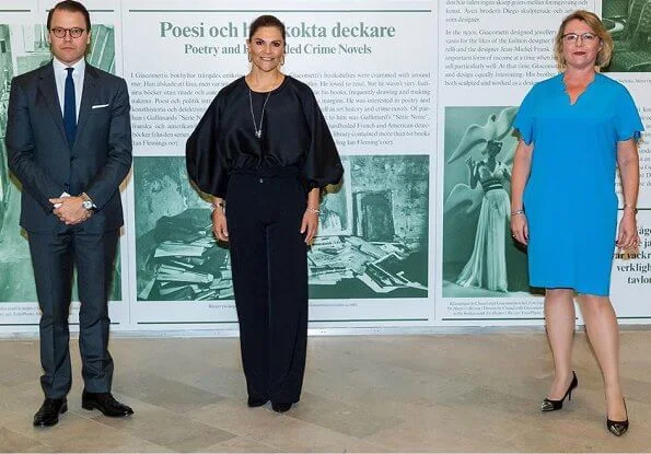 Crown Princess Victoria and Prince Daniel. satin balloon sleeve blouse and, crew neckline, balloon sleeves, velvet trousers, Cravingfor earrings