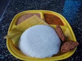 Breakfast of idly and vada at a hotel in Bidadi