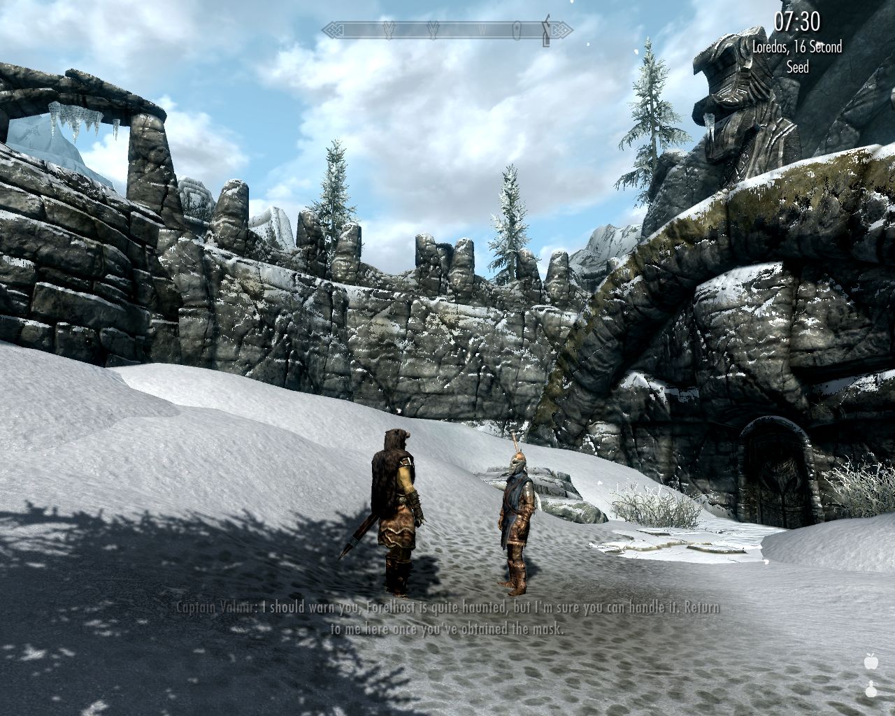 man in Stormcloak Commander Armor talks to a person in Stormcloak soldier's armor ahead