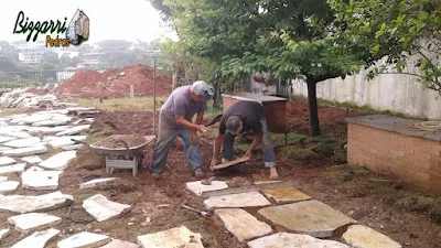 Bizzarri em um feriado trabalhando na execução de um caminho de pedra com pedra São Tomé tipo cacão amarelo com junta de grama em uma residência no Morumbi. 15 de novembro de 2016.