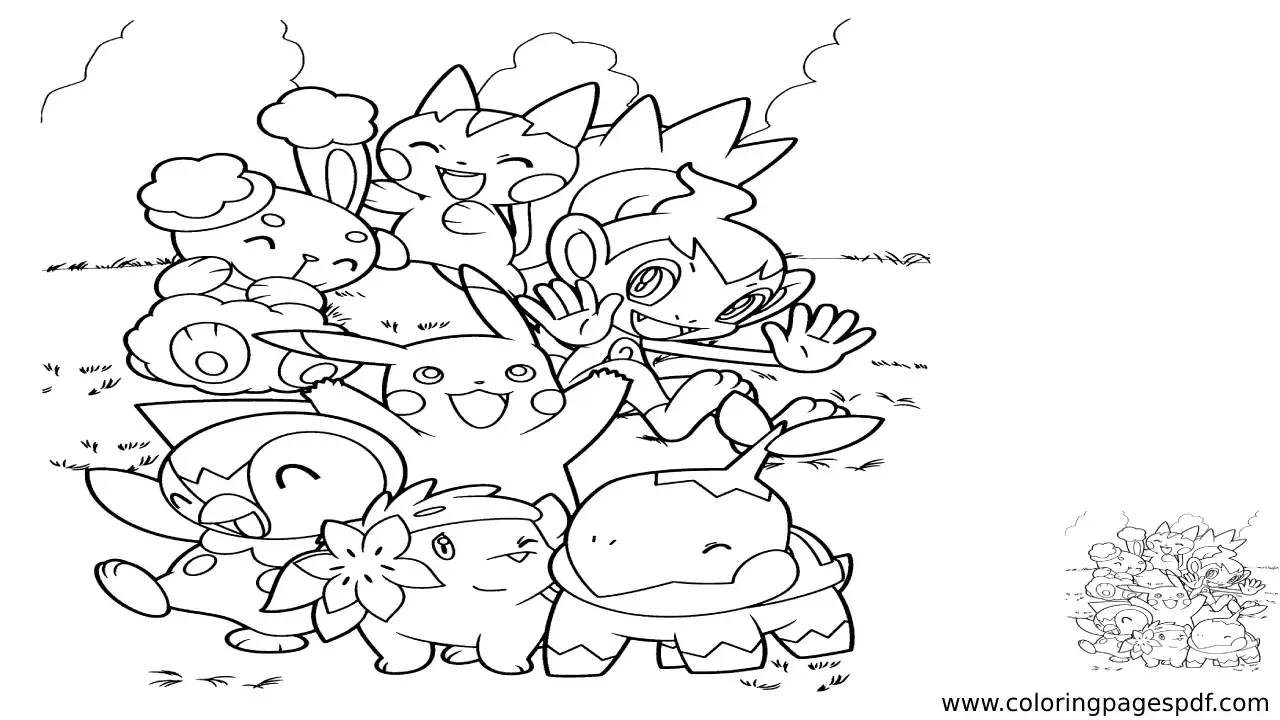Coloring Page Of Multiple Happy Pokémons