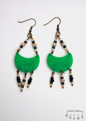 Boucles oreilles pâte polymère transparence verte assemblage Stenna Création Fimo