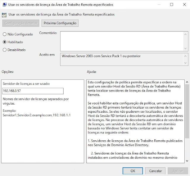Definindo servidor de licenças de Área de Trabalho Remota (RDS) no Windows Server 2016 via editor de política