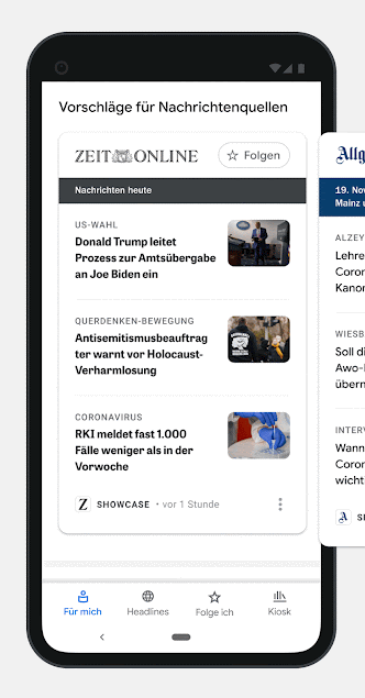 Ein GIF das Google News Showcase auf einem Smartphone zeigt