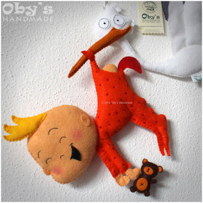 felt baby with stork to decorate your nursery, Oby's handmade