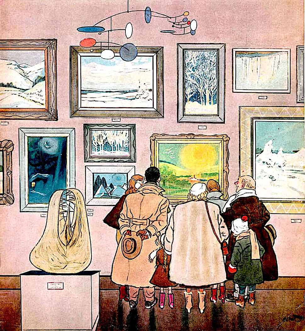 Oscar Cahén 1952 Canada a 1952 Oscar Cahén illustration of cold Canadian art gallery visitors drawn to a sunny painting