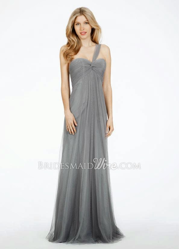 Grey Sleeveless Sweetheart One Shoulder Empire Long Net Bridesmaid Dress-1