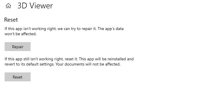 Ripristina app di riparazione Windows 10 UWP