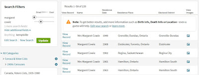 Screen capture of the results from searching the "Canada, Voters Lists, 1935-1980" on Ancestry with first name Margaret, last name Cowie, keyword Kemptville.