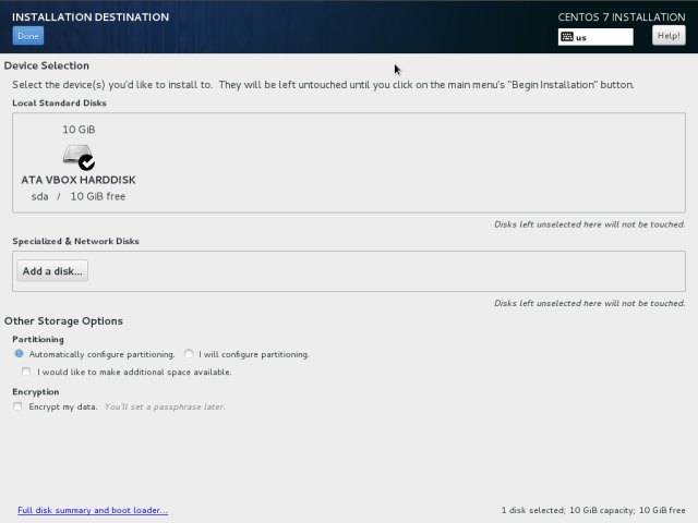 CentOS7 Installation Automatic Disk partitioning Screenshot