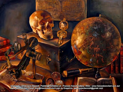 still life oil painting of antique navigation instruments"The Art of Navigation" oil on canvas 75 x 100cm by Artist, Jane Bennett