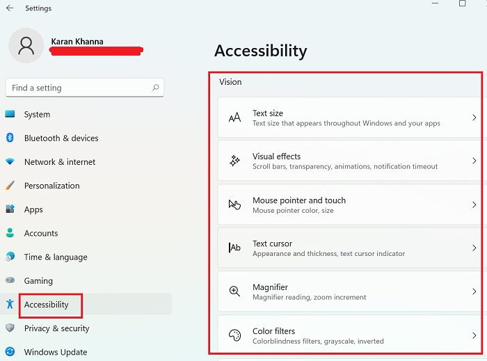 Windows 11의 시각 장애인을 위한 접근성 설정